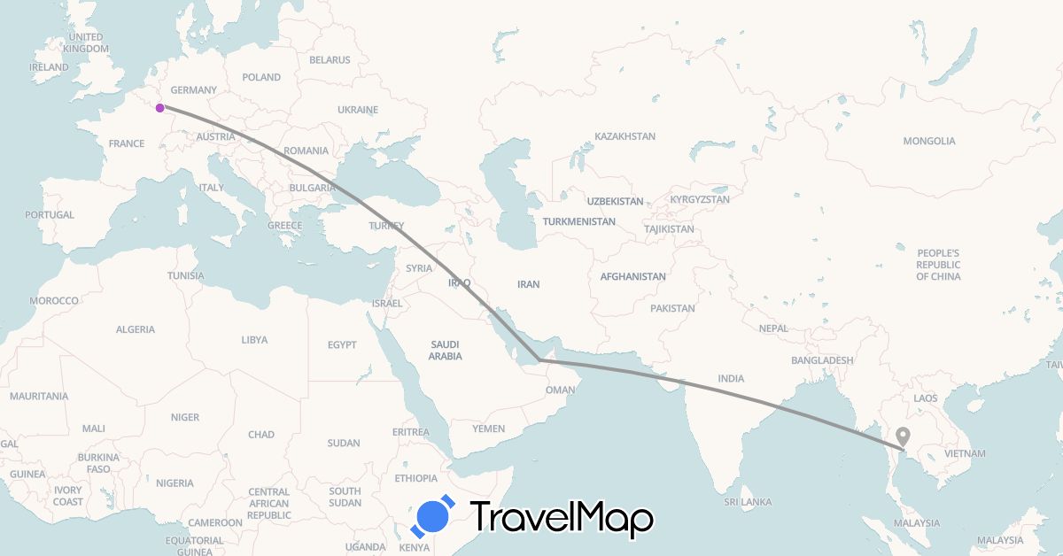 TravelMap itinerary: plane, train in United Arab Emirates, Germany, Luxembourg, Thailand (Asia, Europe)